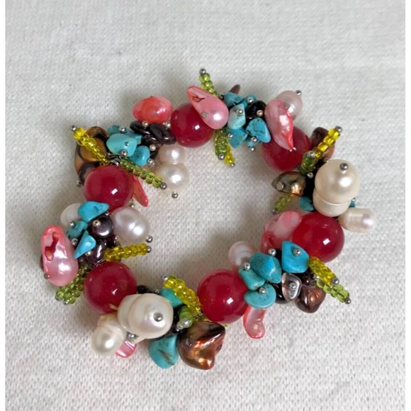 Trendy Boho Multi-Color Stretch Bracelet with Turquoise, Red, Green, Pearl - Picture 5 of 5